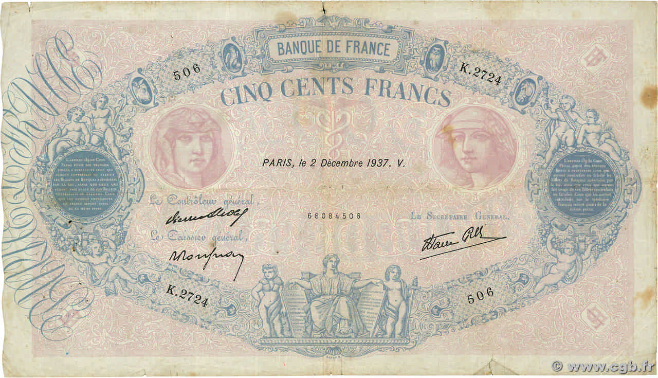 500 Francs BLEU ET ROSE modifié FRANCE  1937 F.31.04 B+