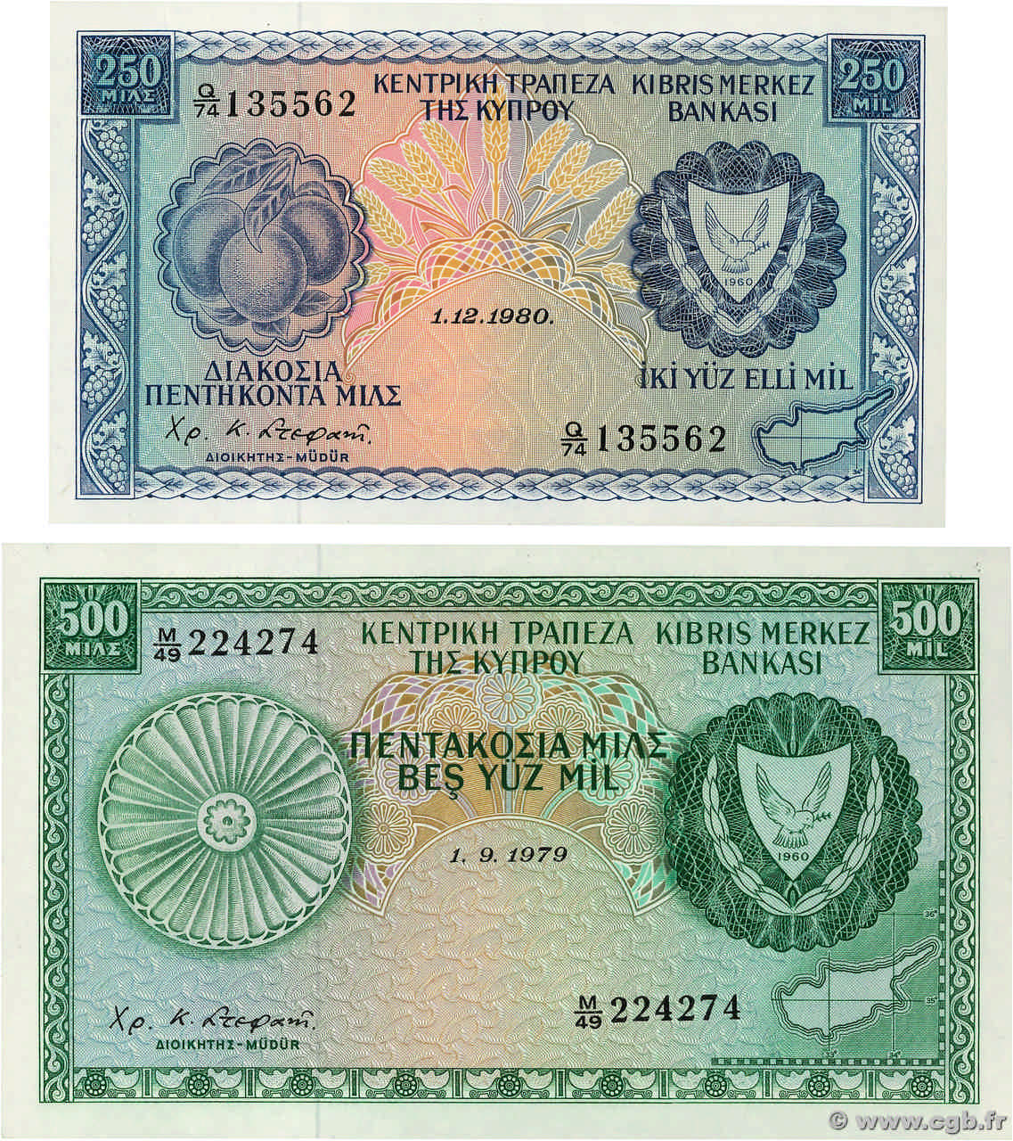 250 et 500 Mils Lot CYPRUS  1979 P.41c et P.42C UNC-
