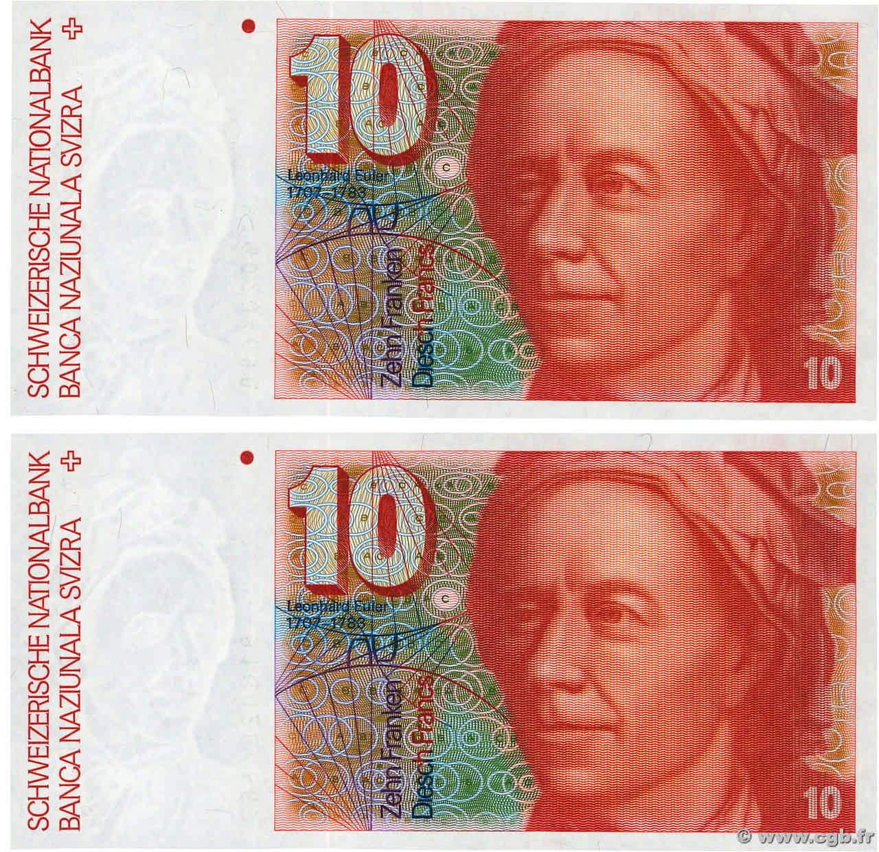 10 Francs Consécutifs SUISSE  1991 P.53j FDC