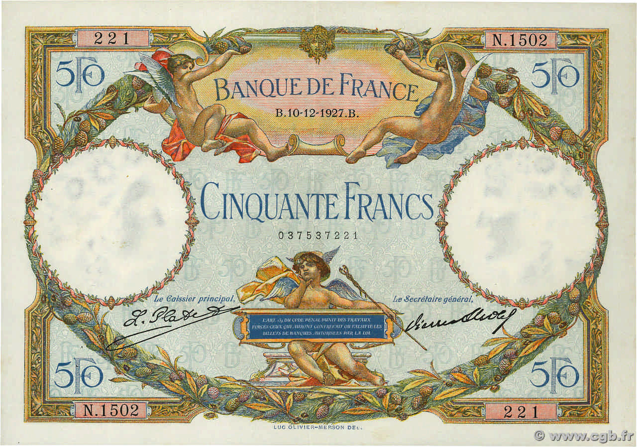 50 Francs LUC OLIVIER MERSON FRANCE  1927 F.15.01 pr.SUP