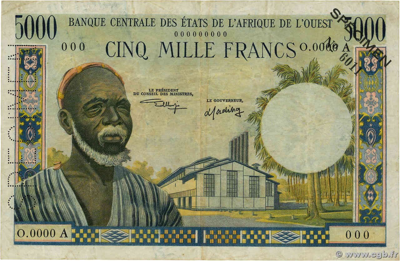 5000 Francs Spécimen ÉTATS DE L AFRIQUE DE L OUEST  1976 P.104Ai TB+