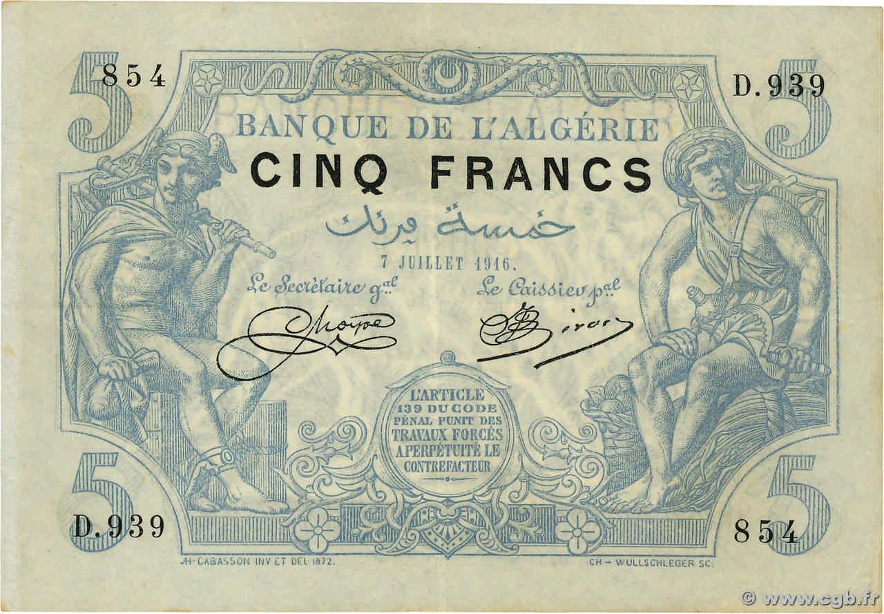 5 Francs ALGERIA  1916 P.071a XF-
