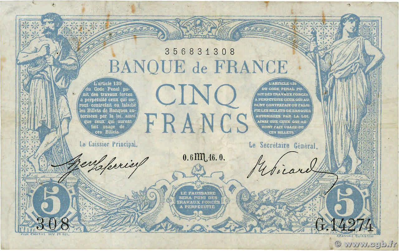 5 Francs BLEU FRANCE  1916 F.02.44 TB+