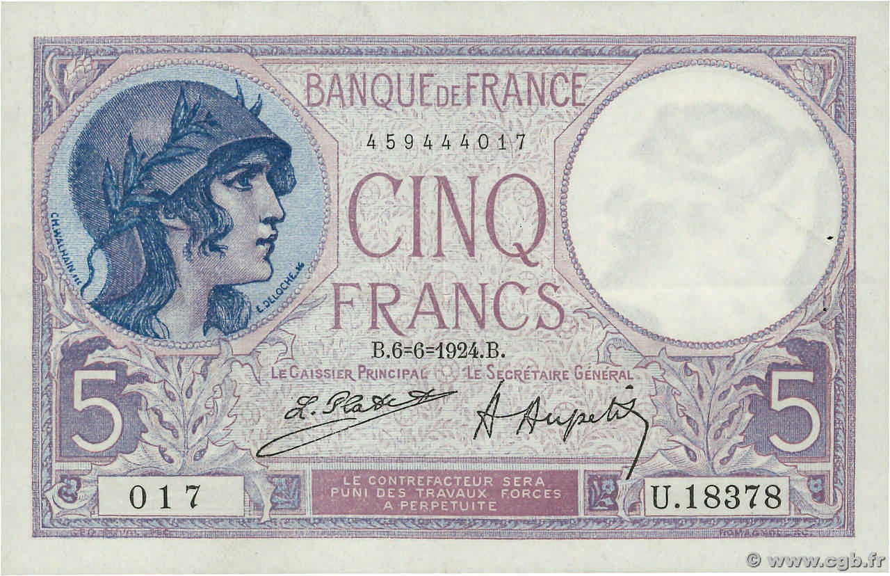 5 Francs FEMME CASQUÉE FRANKREICH  1924 F.03.08 fVZ