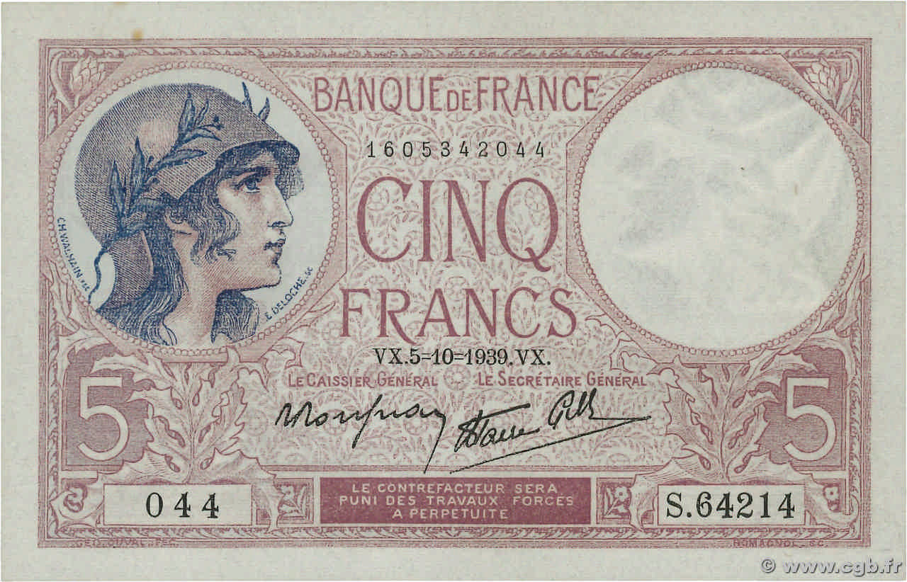 5 Francs FEMME CASQUÉE modifié FRANCE  1939 F.04.11 SPL+