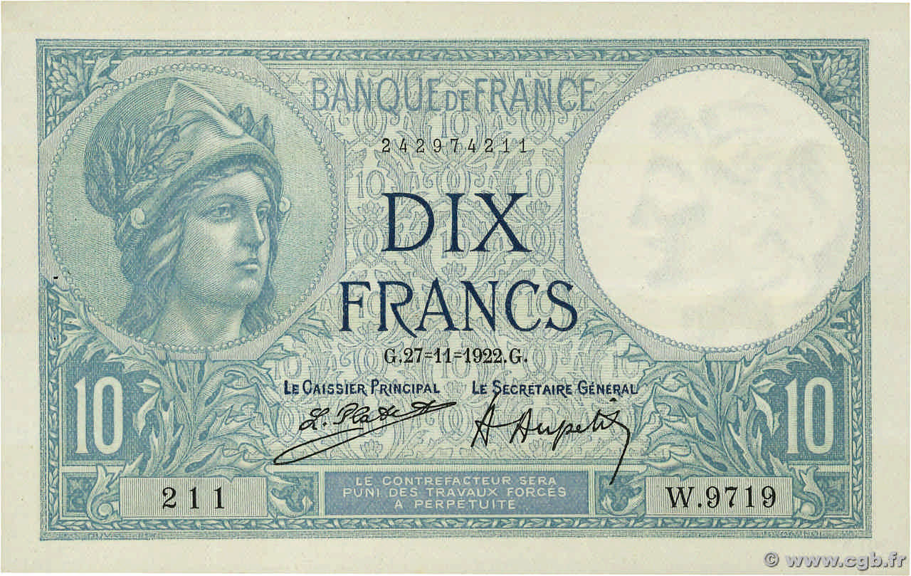10 Francs MINERVE FRANCIA  1922 F.06.06 SPL+