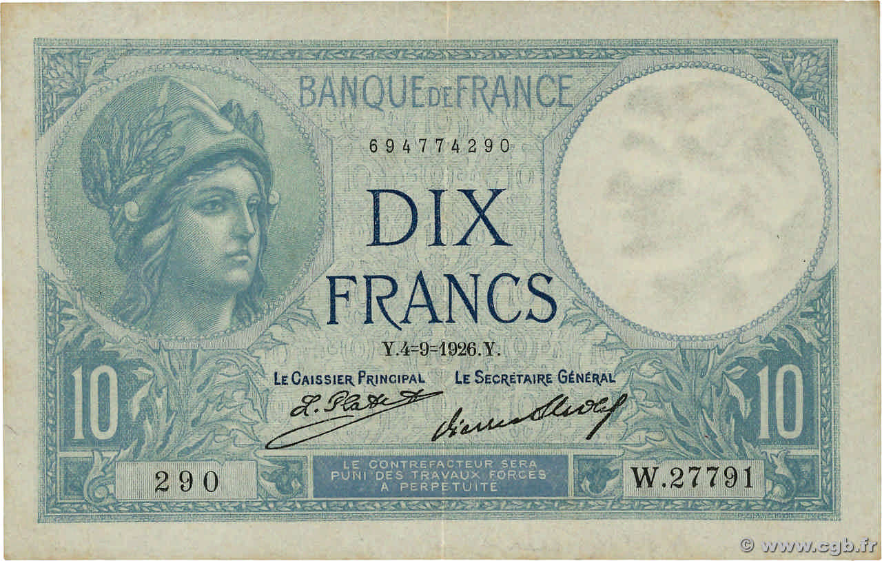 10 Francs MINERVE FRANCE  1926 F.06.11a VF