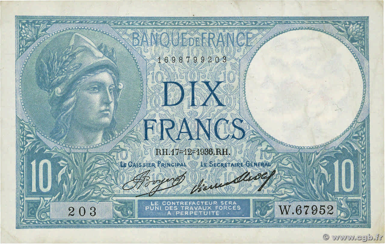 10 Francs MINERVE FRANCE  1936 F.06.17 XF-
