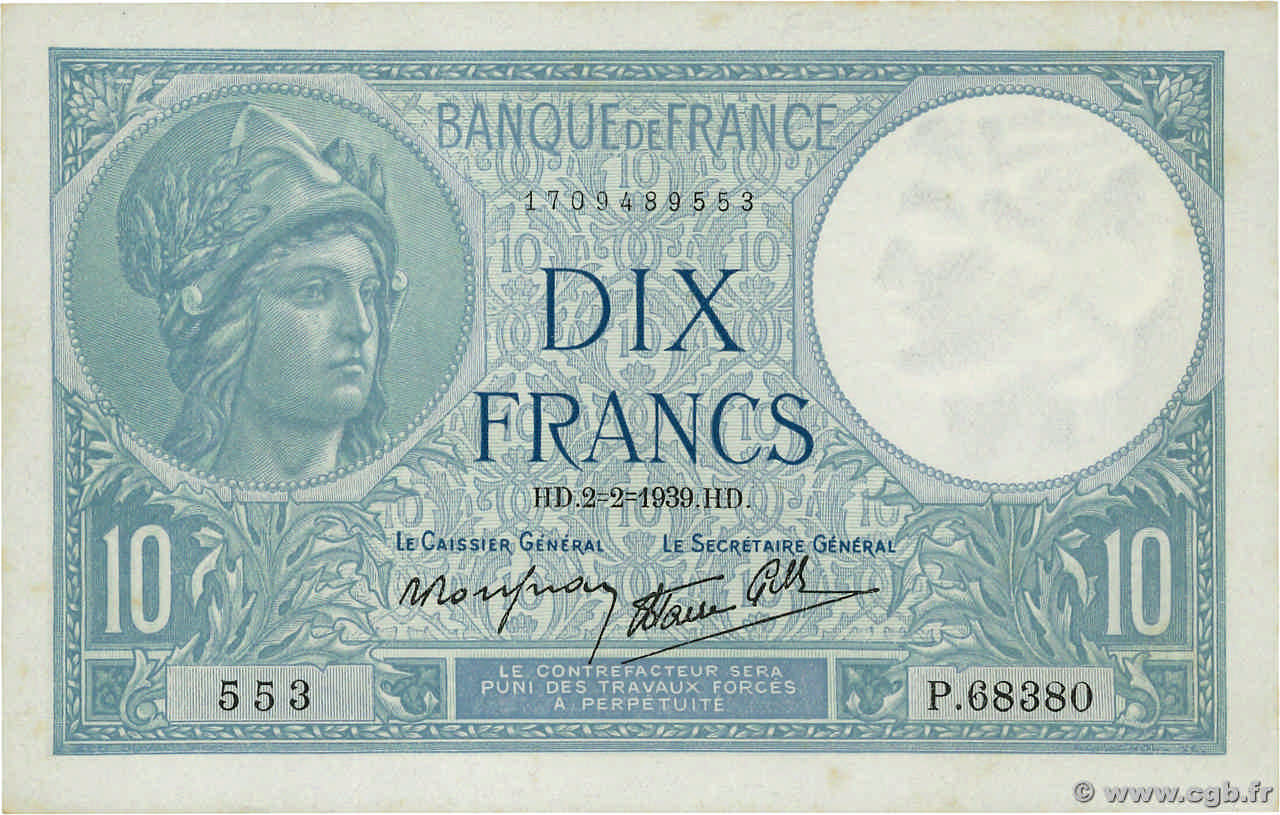 10 Francs MINERVE modifié FRANCE  1939 F.07.01 AU+