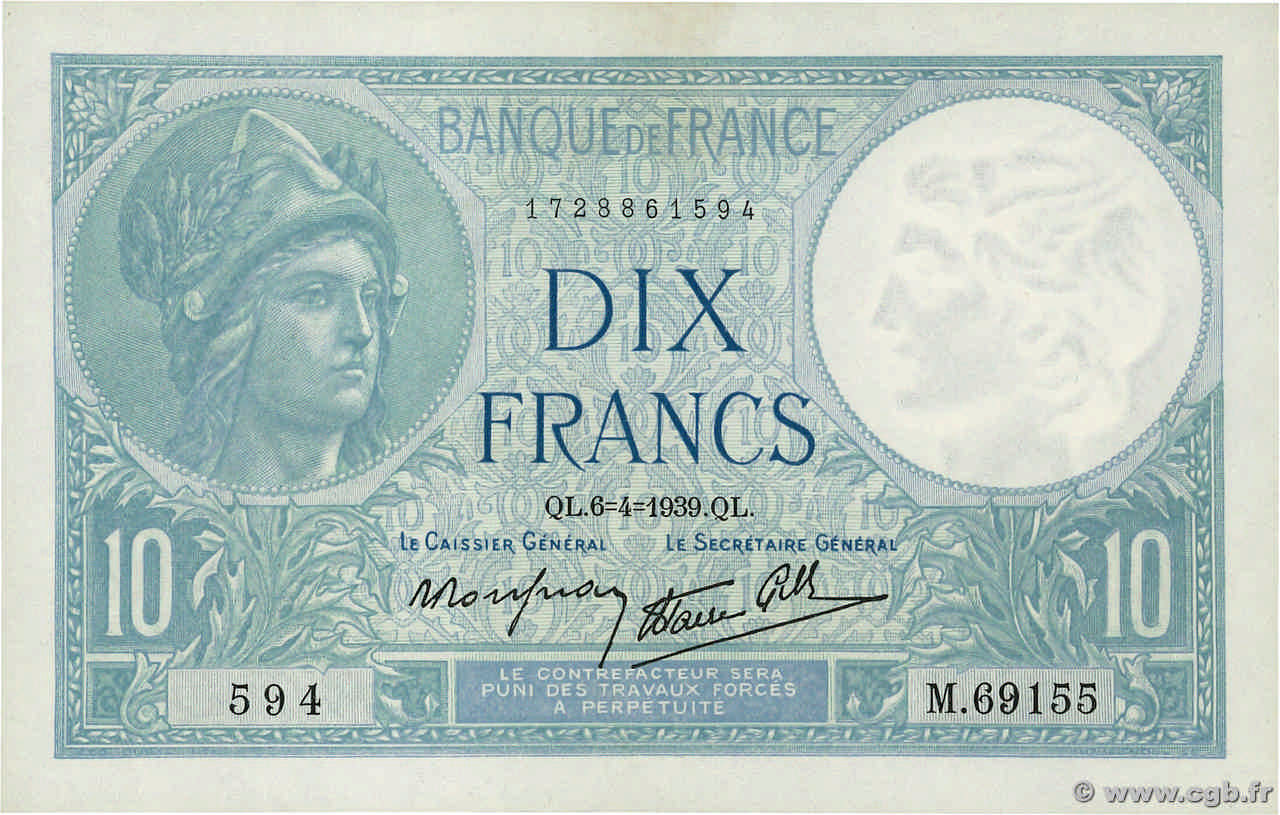 10 Francs MINERVE modifié FRANKREICH  1939 F.07.02 fST+