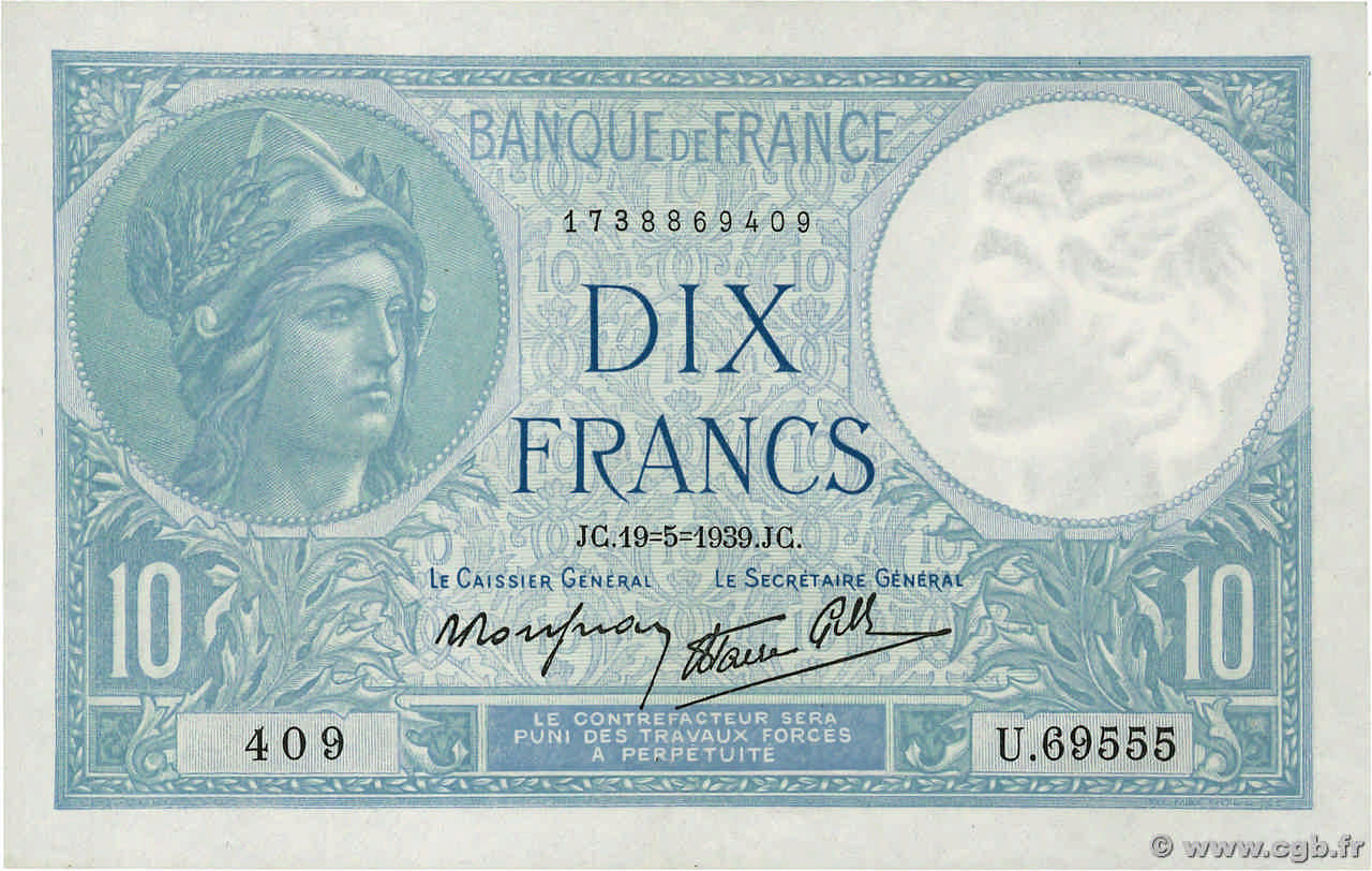 10 Francs MINERVE modifié FRANCIA  1939 F.07.03 EBC+