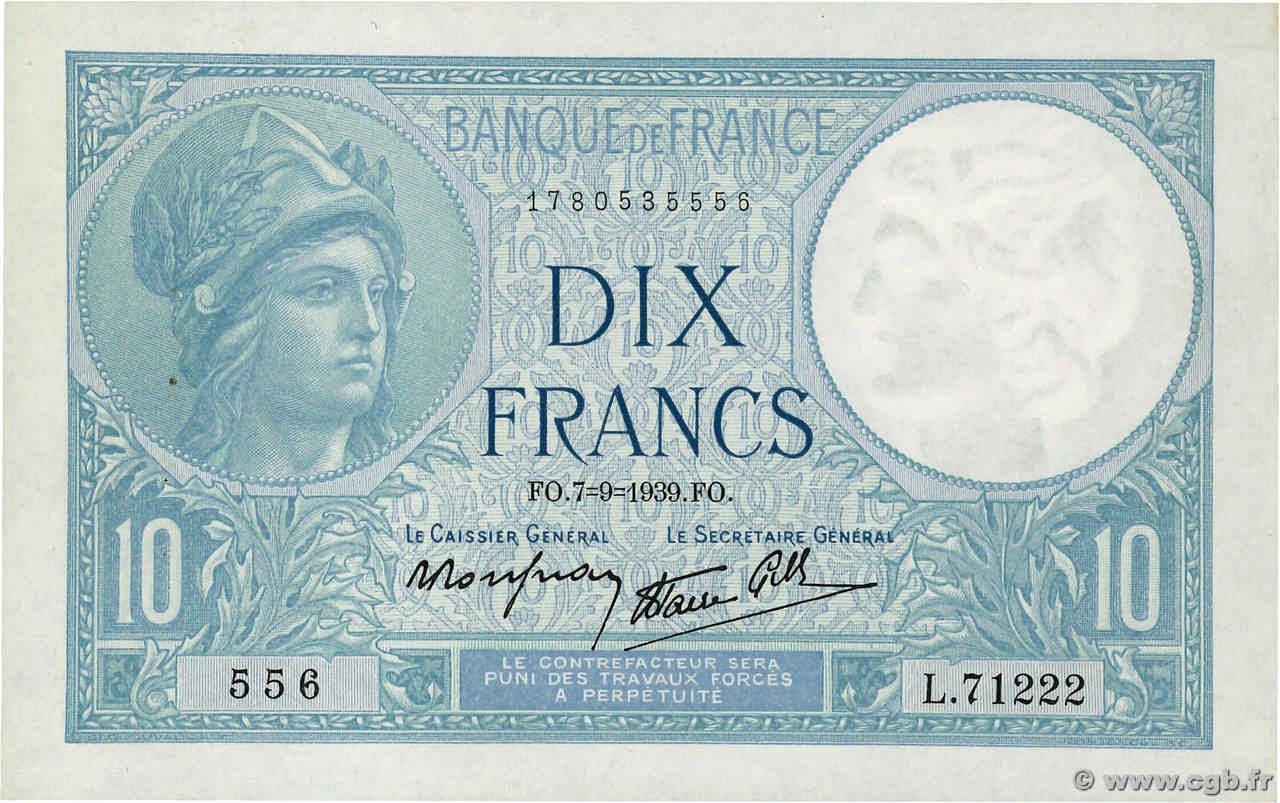 10 Francs MINERVE modifié FRANCE  1939 F.07.06 SPL