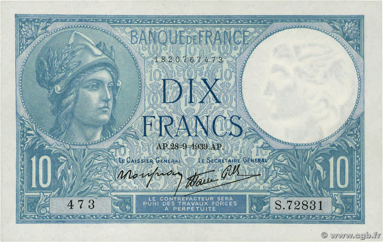 10 Francs MINERVE modifié FRANCIA  1939 F.07.09 AU