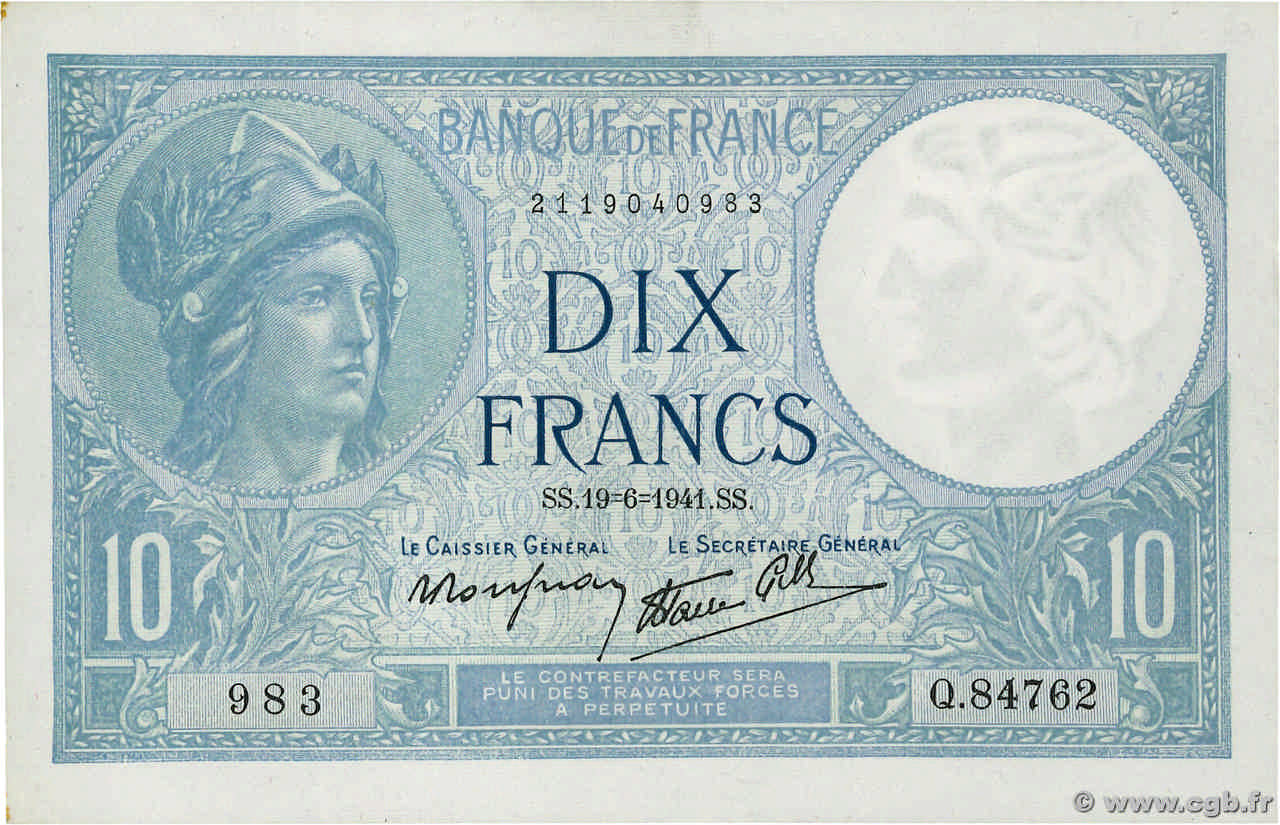 10 Francs MINERVE modifié FRANCE  1941 F.07.29 AU+