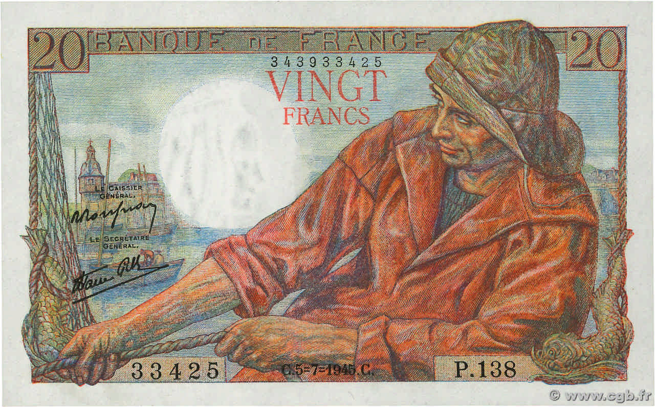 20 Francs PÊCHEUR FRANCE  1945 F.13.10 UNC-