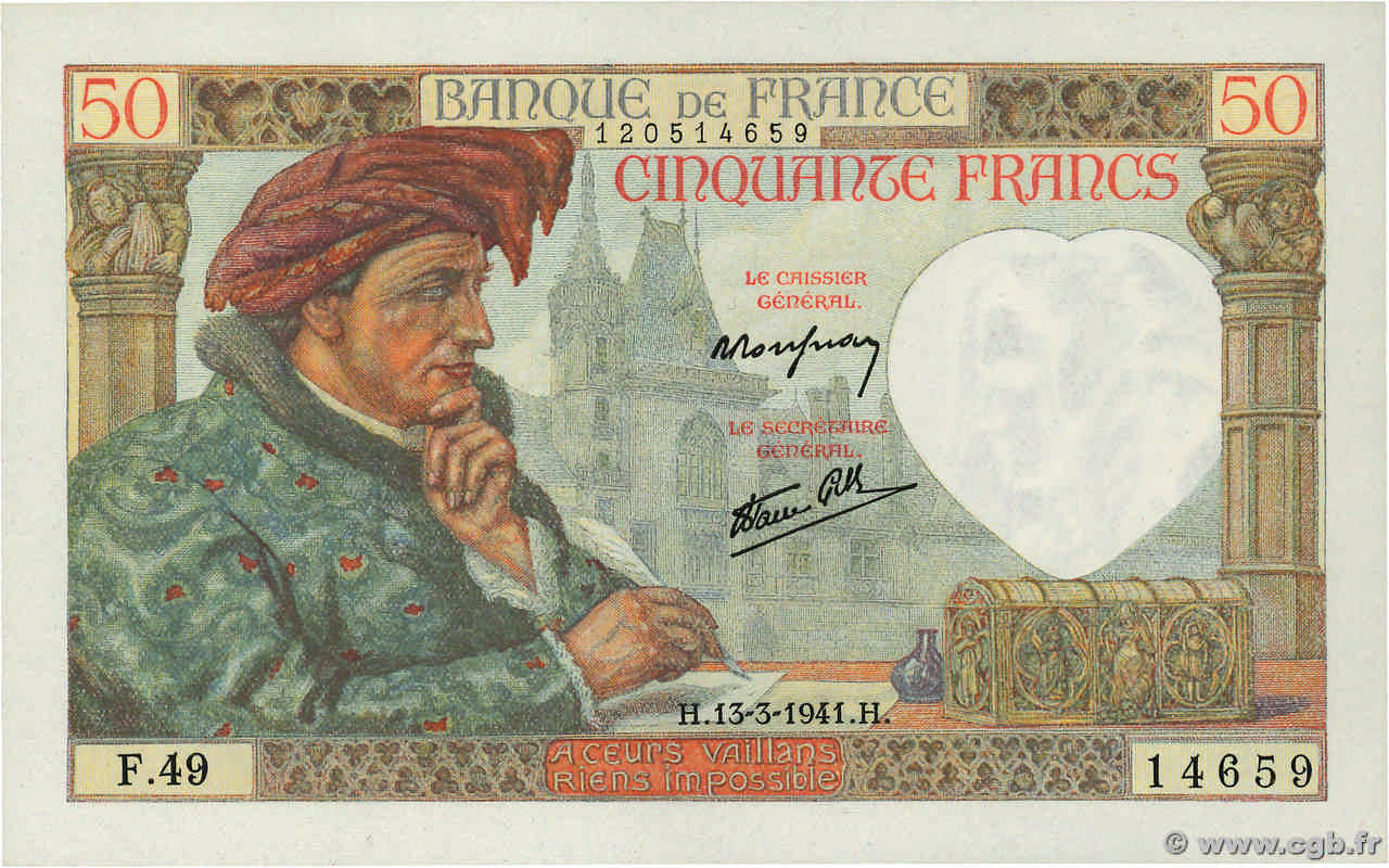 50 Francs JACQUES CŒUR FRANCIA  1941 F.19.07 q.FDC