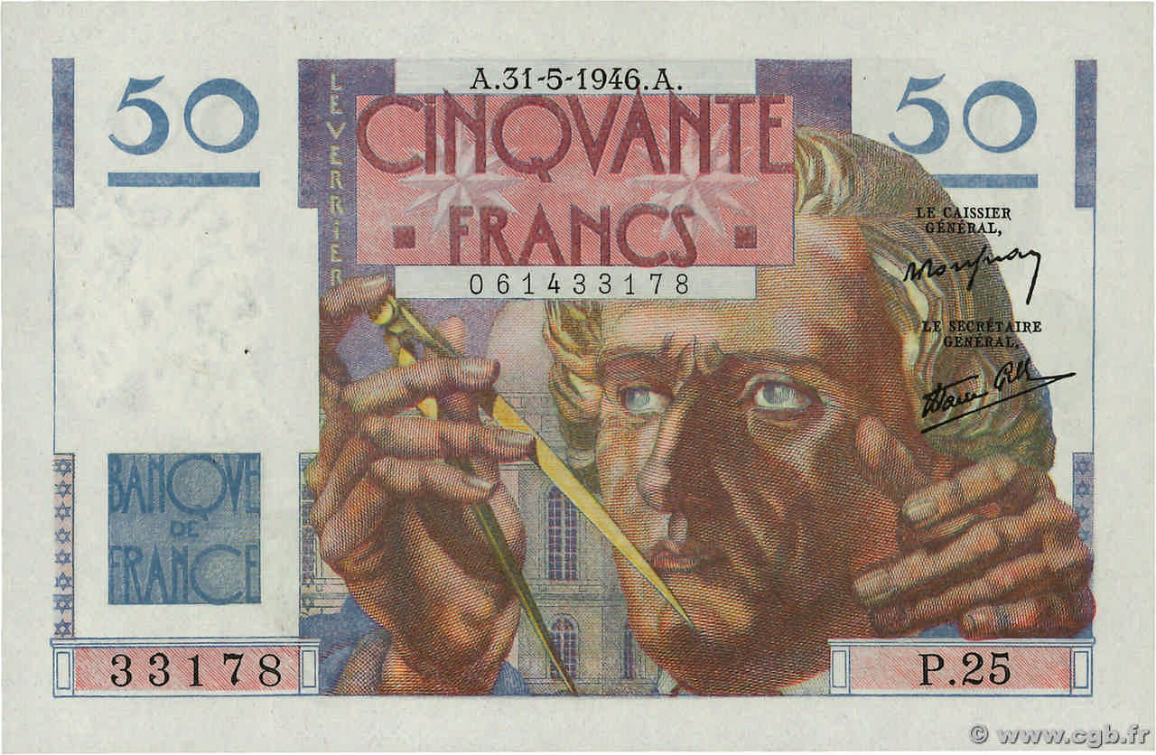 50 Francs LE VERRIER FRANCIA  1946 F.20.05 SC