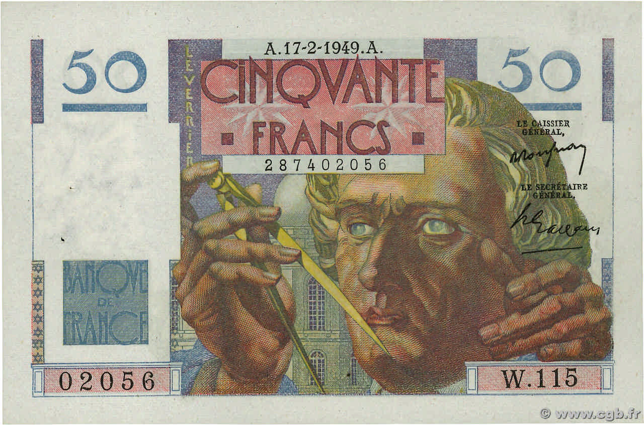 50 Francs LE VERRIER FRANKREICH  1949 F.20.11 fST