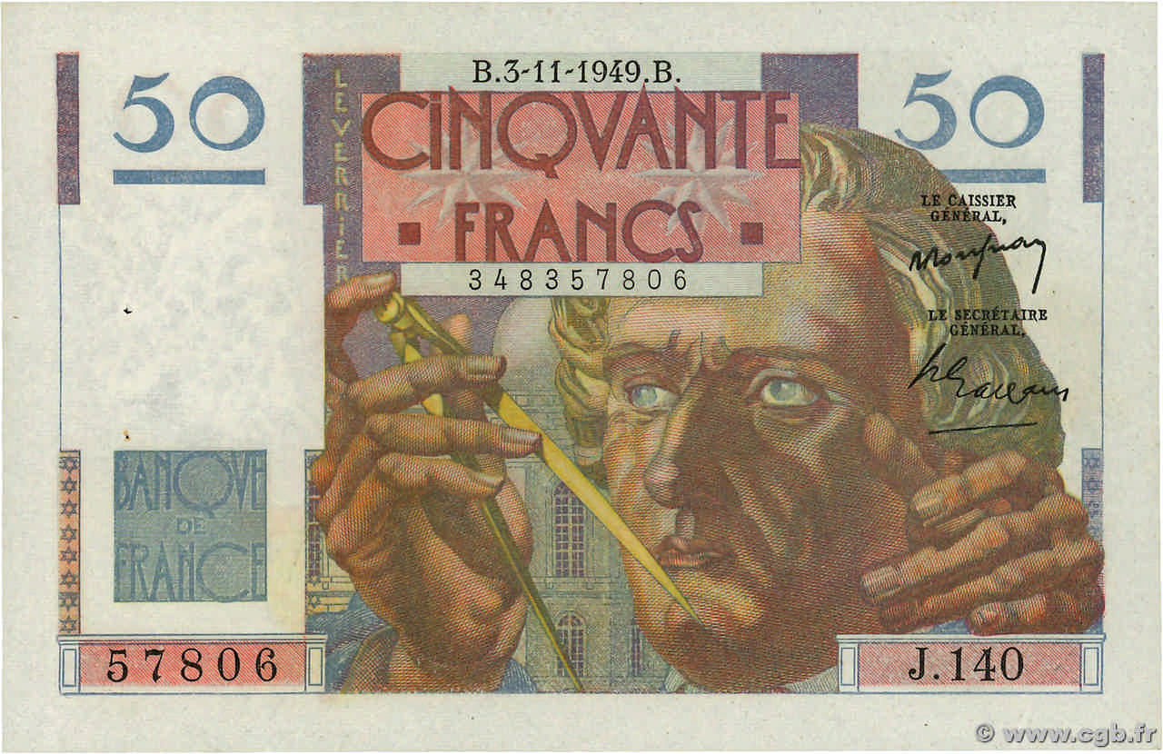 50 Francs LE VERRIER FRANCIA  1949 F.20.13 AU