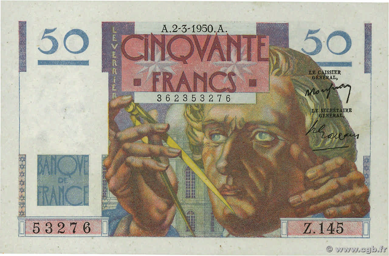 50 Francs LE VERRIER FRANCE  1950 F.20.14 XF+