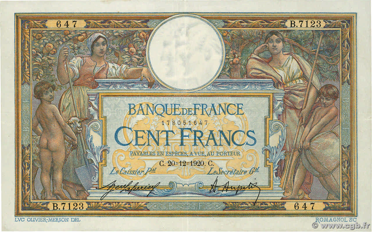 100 Francs LUC OLIVIER MERSON sans LOM FRANCE  1920 F.23.13 VF+