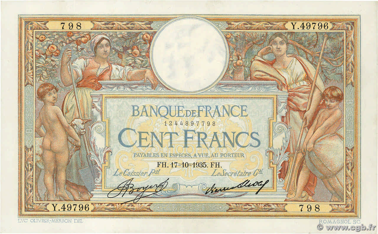 100 Francs LUC OLIVIER MERSON grands cartouches FRANCIA  1935 F.24.14 EBC