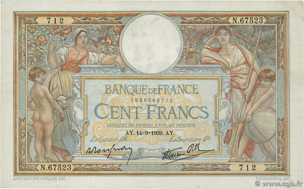 100 Francs LUC OLIVIER MERSON type modifié FRANCIA  1939 F.25.49 MBC