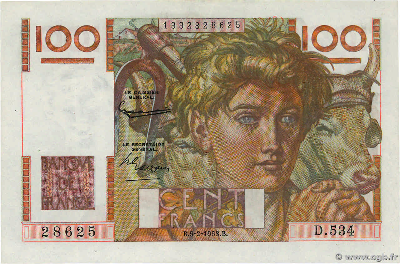 100 Francs JEUNE PAYSAN FRANCIA  1953 F.28.36 SC+
