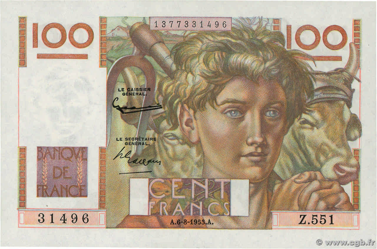 100 Francs JEUNE PAYSAN FRANCIA  1953 F.28.38 SC+