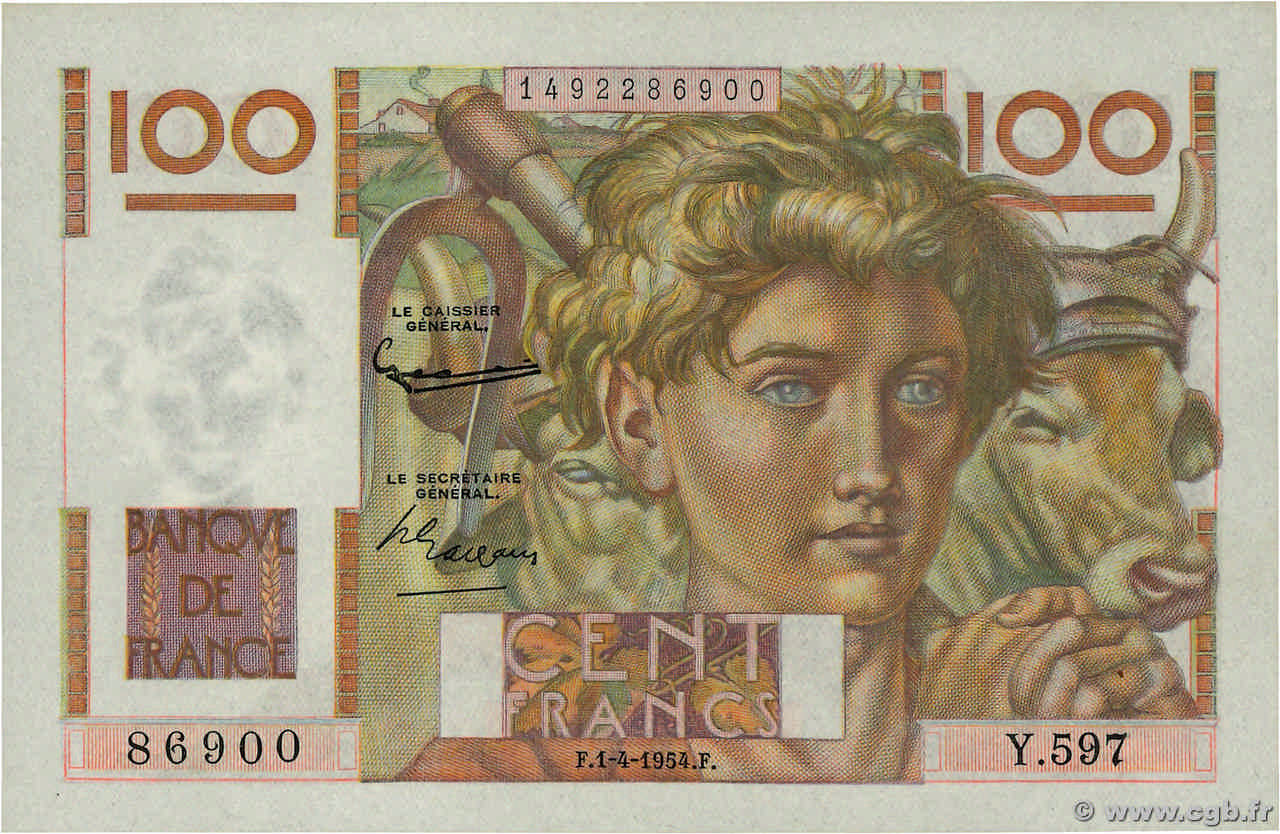 100 Francs JEUNE PAYSAN FRANCE  1954 F.28.43 pr.NEUF