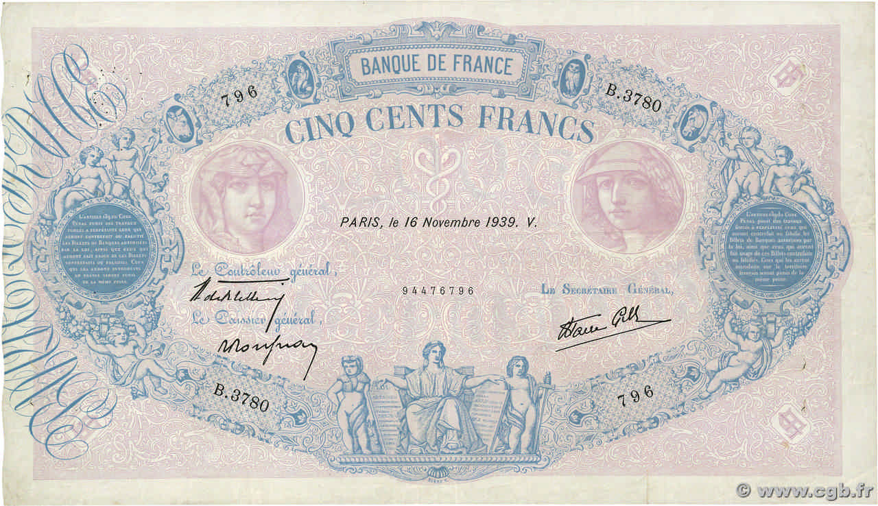 500 Francs BLEU ET ROSE modifié FRANCE  1939 F.31.48 F+