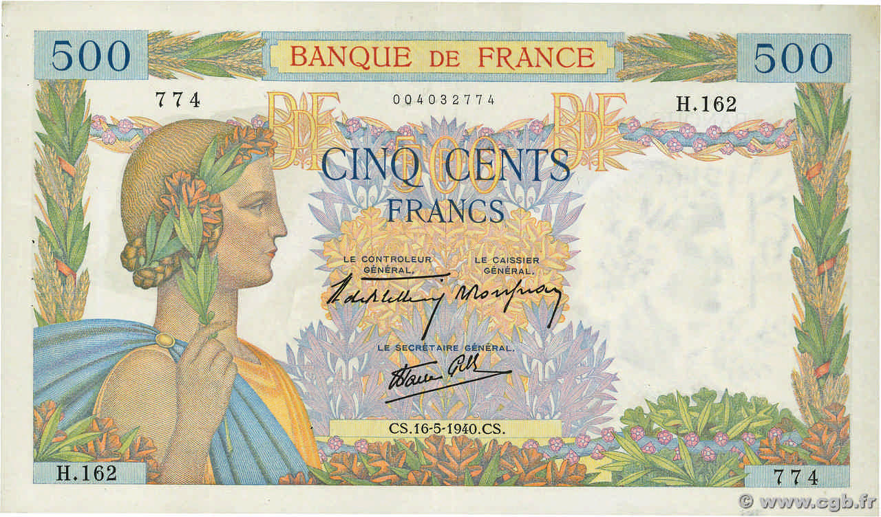 500 Francs LA PAIX FRANCE  1940 F.32.02 SUP