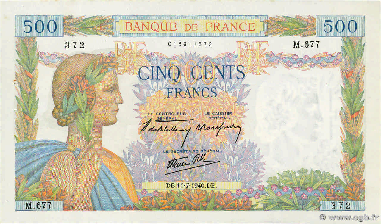 500 Francs LA PAIX FRANCE  1940 F.32.04 AU