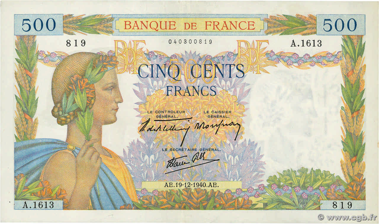 500 Francs LA PAIX FRANCE  1940 F.32.11 pr.SPL
