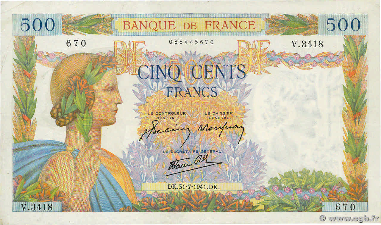 500 Francs LA PAIX FRANCIA  1941 F.32.20 q.SPL