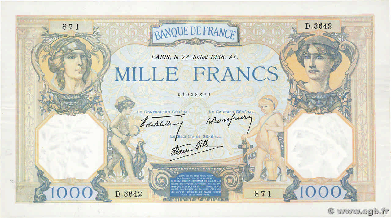1000 Francs CÉRÈS ET MERCURE type modifié FRANCE  1938 F.38.25 VF