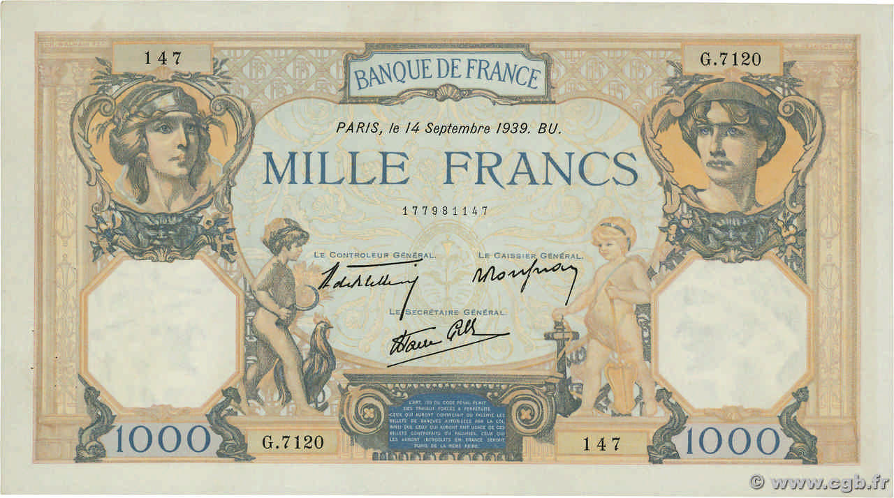 1000 Francs CÉRÈS ET MERCURE type modifié FRANCIA  1939 F.38.36 SPL