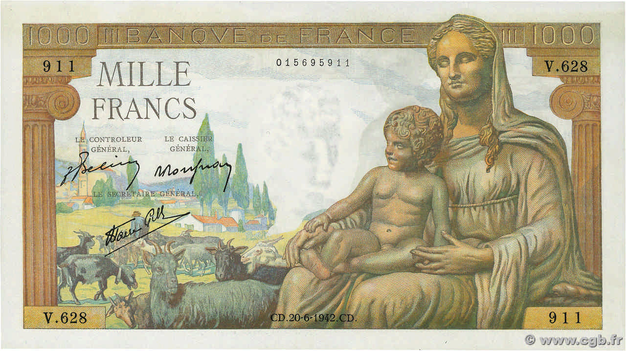 1000 Francs DÉESSE DÉMÉTER FRANCE  1942 F.40.03 UNC-