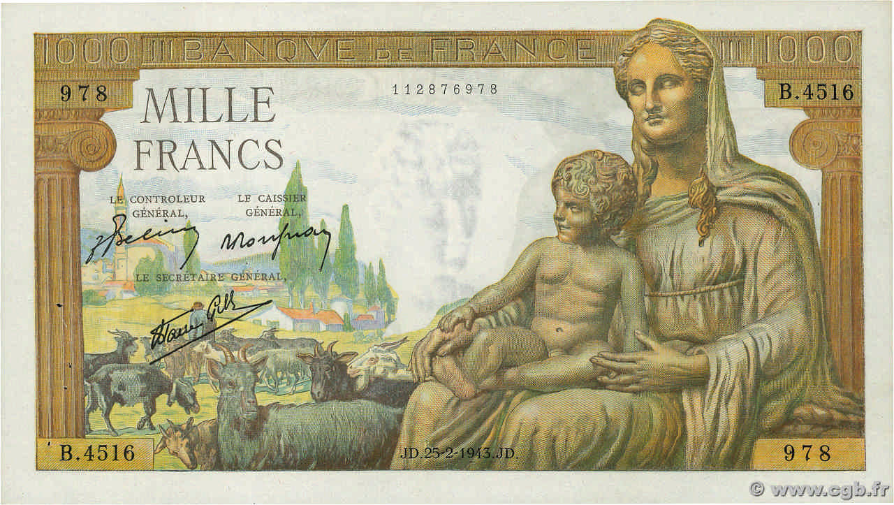 1000 Francs DÉESSE DÉMÉTER FRANCIA  1943 F.40.20 SPL