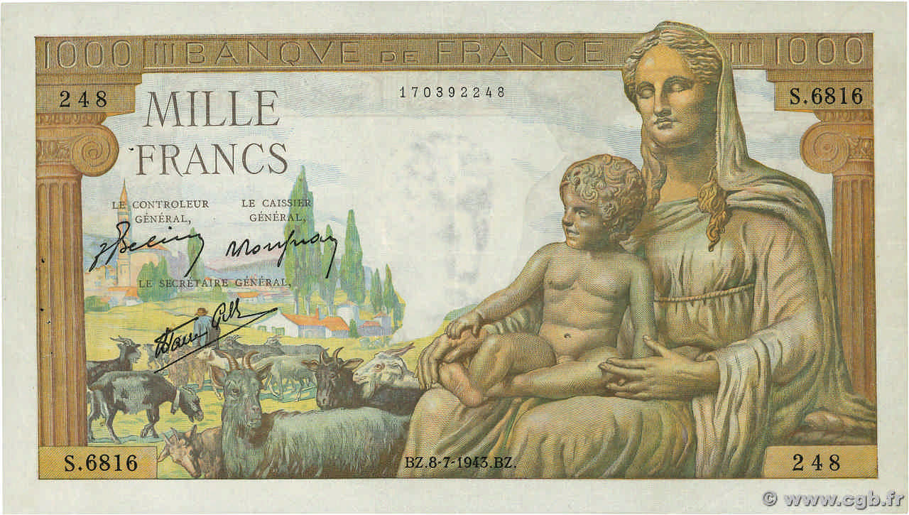 1000 Francs DÉESSE DÉMÉTER FRANCIA  1943 F.40.29 EBC
