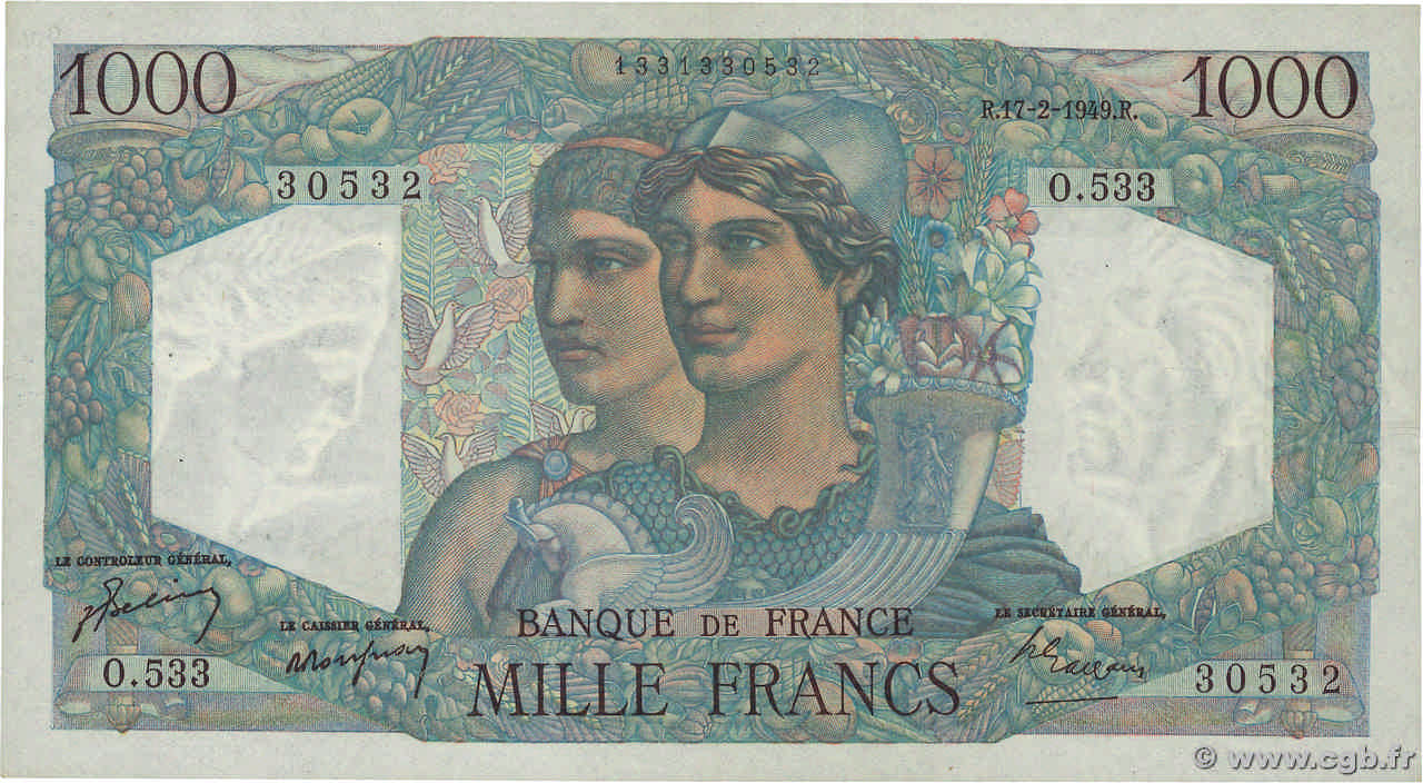 1000 Francs MINERVE ET HERCULE FRANCE  1949 F.41.25 XF
