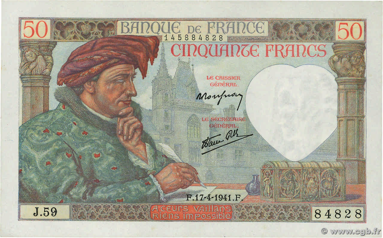 50 Francs JACQUES CŒUR FRANKREICH  1941 F.19.08 fST+