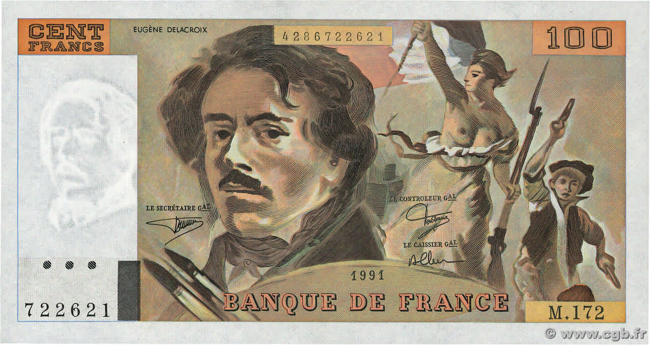 100 Francs DELACROIX imprimé en continu FRANCIA  1991 F.69bis.03a4 SC+