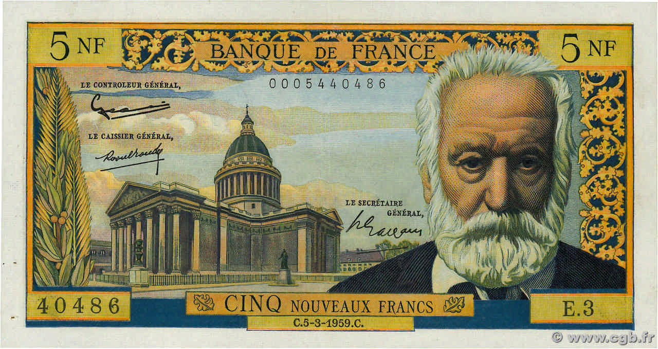 5 Nouveaux Francs VICTOR HUGO FRANCE  1959 F.56.01 TTB+