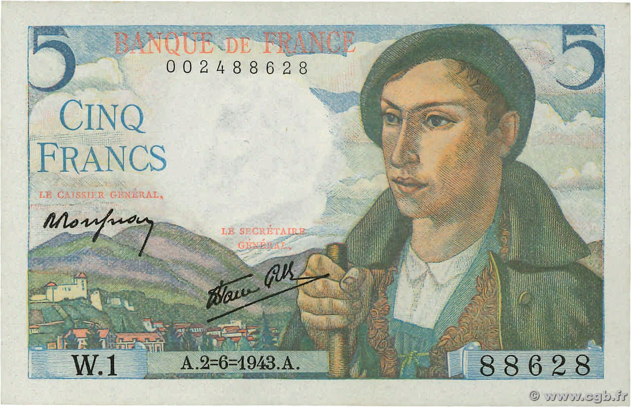 5 Francs BERGER FRANCE  1943 F.05.01 UNC-