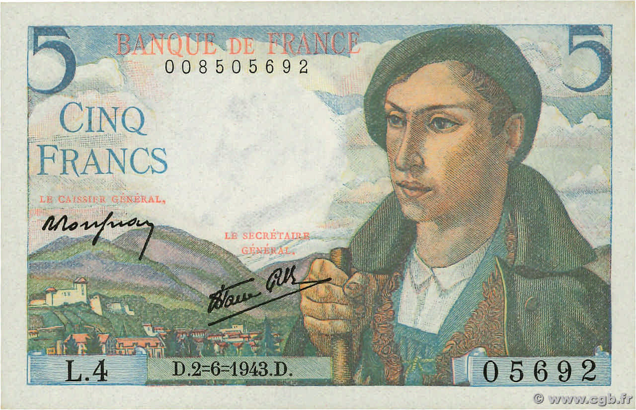 5 Francs BERGER FRANCE  1943 F.05.01 pr.NEUF