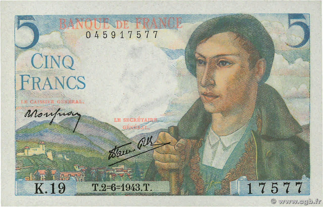 5 Francs BERGER FRANCIA  1943 F.05.01 FDC