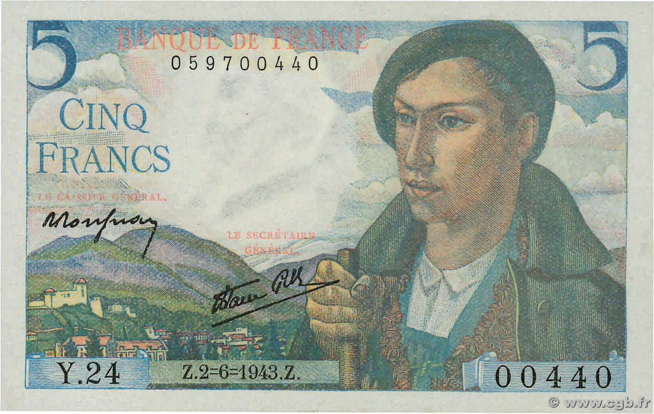 5 Francs BERGER FRANCE  1943 F.05.01 UNC