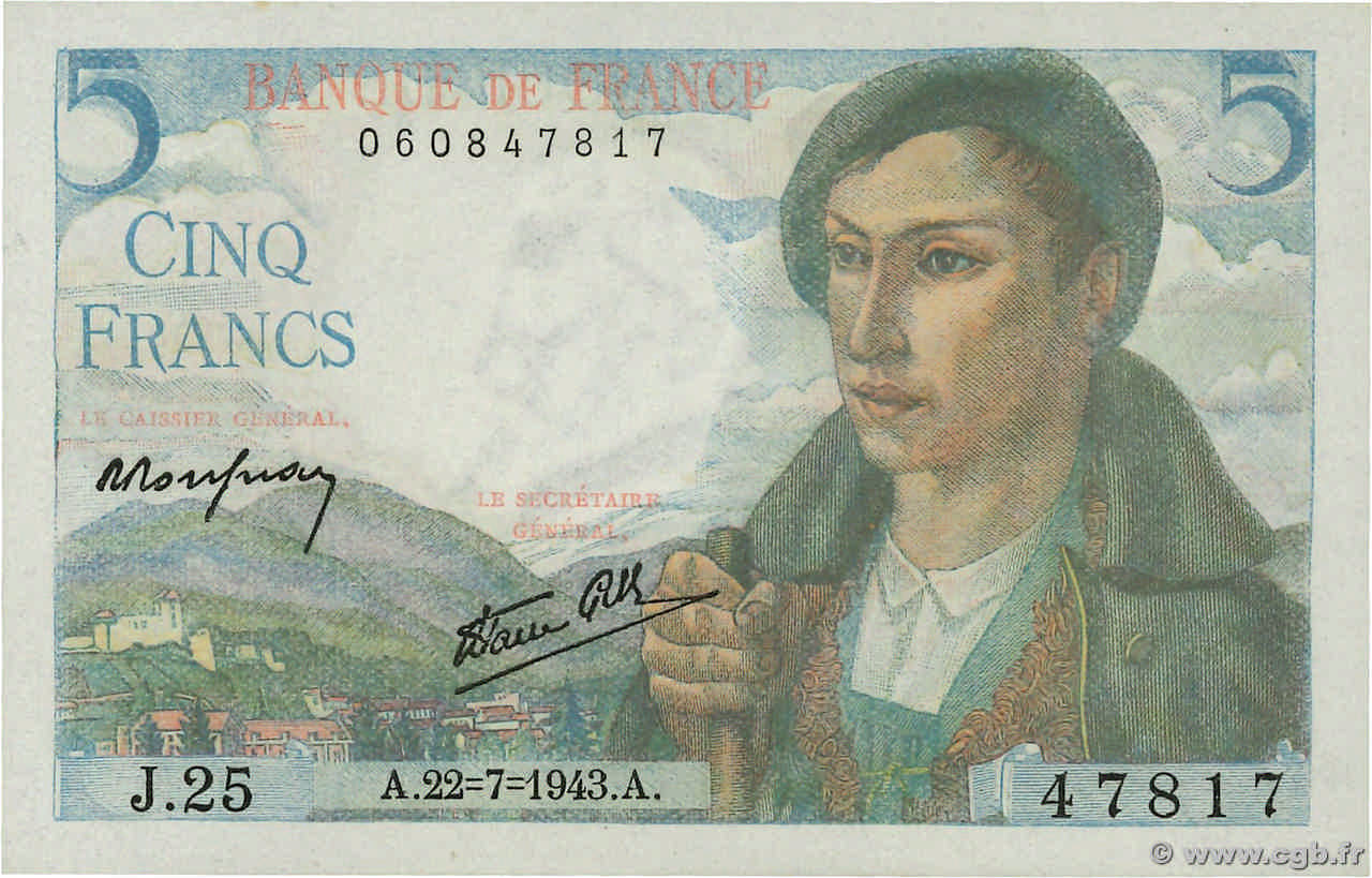 5 Francs BERGER FRANKREICH  1943 F.05.02 fST+