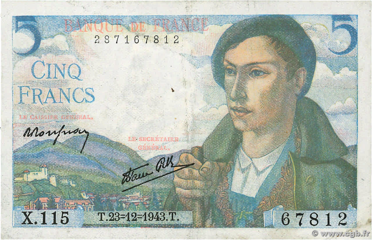 5 Francs BERGER FRANCE  1943 F.05.05 VF+